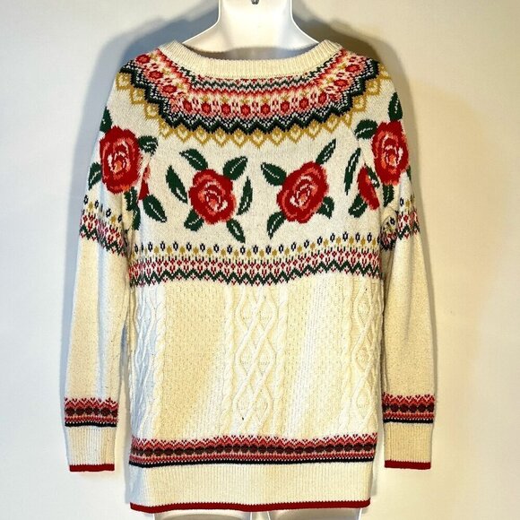 Mossimo SZS Vintage Ivory cable knit fair isle sweater Cottage Country Feminine - Picture 6 of 9
